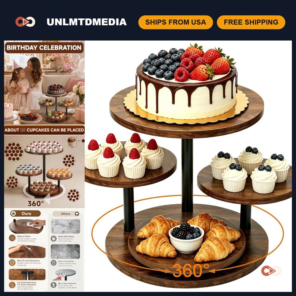 4-Tier Cupcake Stand for 50 Cupcakes, Rotatable Wooden Dessert Display for Parti